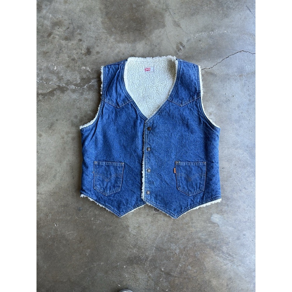 Vintage Levis Vest Mens Large Blue Denim Sherpa Lined Orange Tab 70s Rockabilly